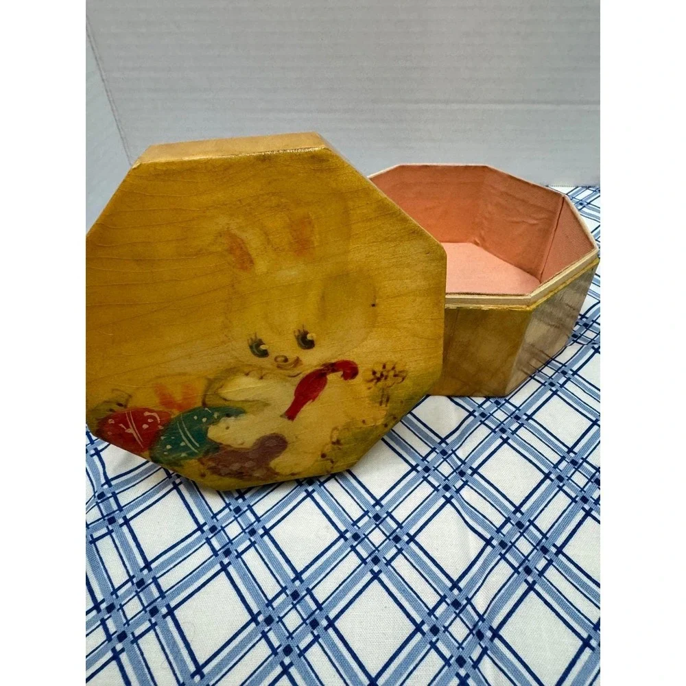 Silk Greenhouse Vintage Octagon Wooden Trinket‎ Box Easter Bunny Pink Whimsical